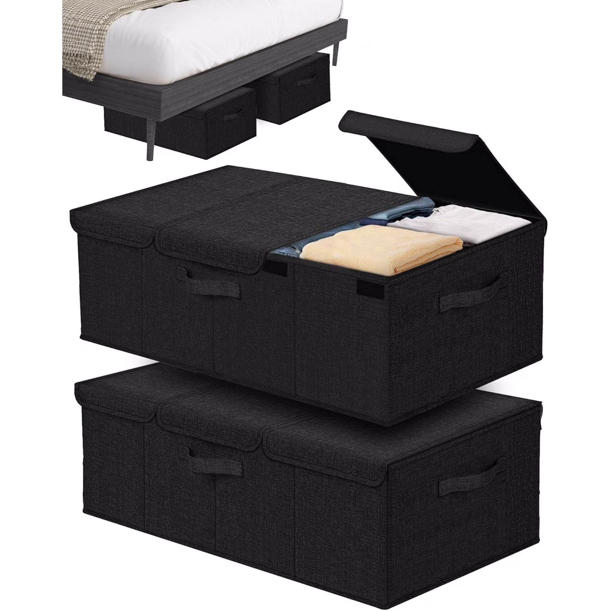Deep Under Bed Storage Container, 10 Tall Height Underbed Box Bin with Lids 31 Long Large Basket for Under Bed, Bedroom, Dorms, Clothes, Bed sheets, Blankets, 2 Pack, Black