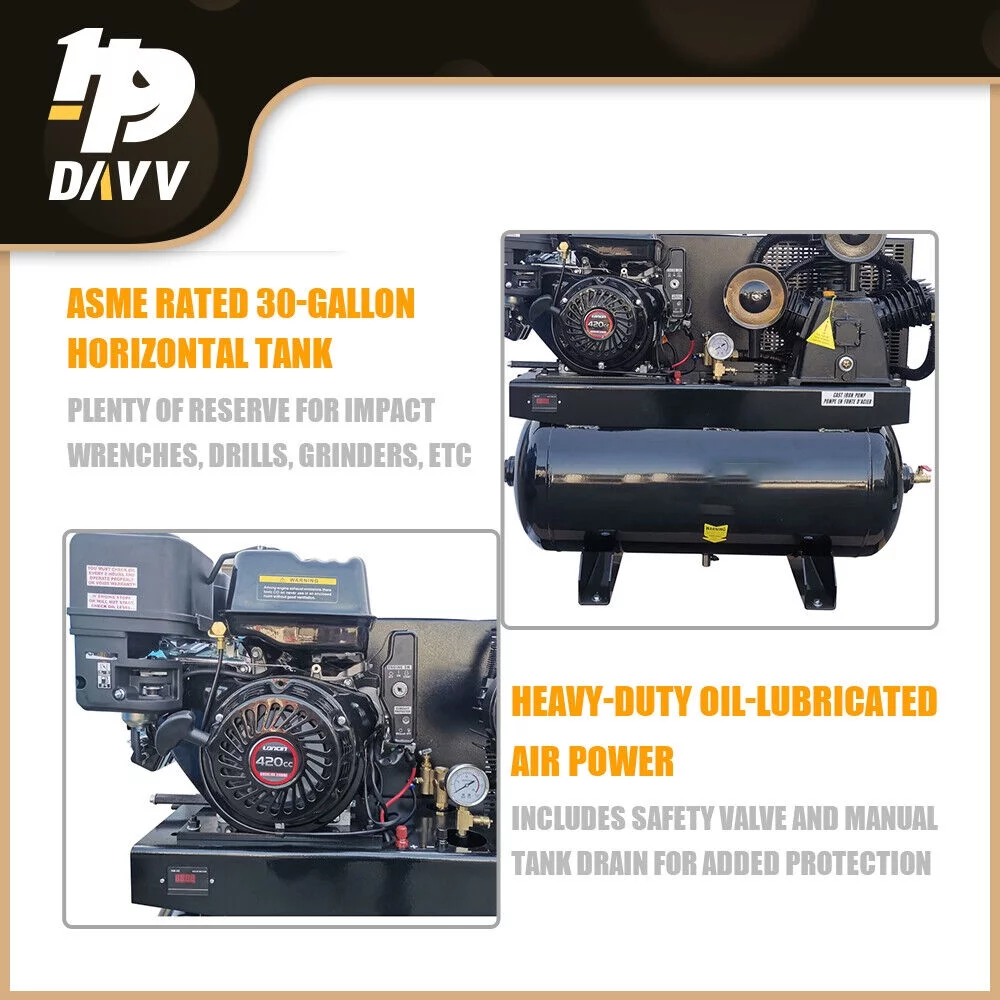HPDAVV 13HP Gas-Powered 180psi Air Compressor 420CC Engine 30Gal Tank 24cfm 2 Stage