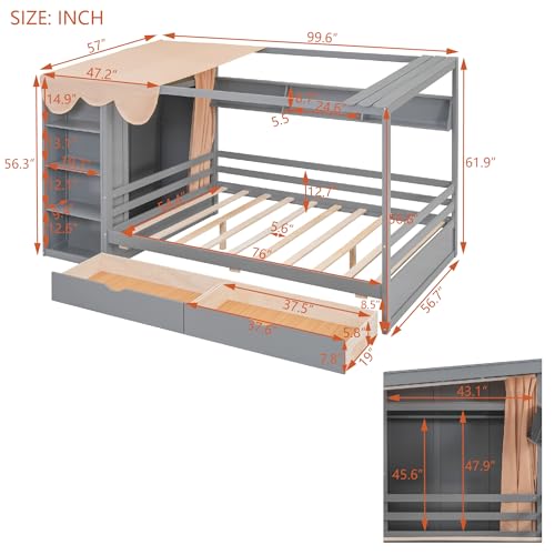 Multi-functional Twin Size House Bed with 2 Drawers and Built-in Wardrobe, Solid Wood Daybed Platform Bed Frame with Curtain Fabrics and Shelves, Maximising Space (Grey-Curt)