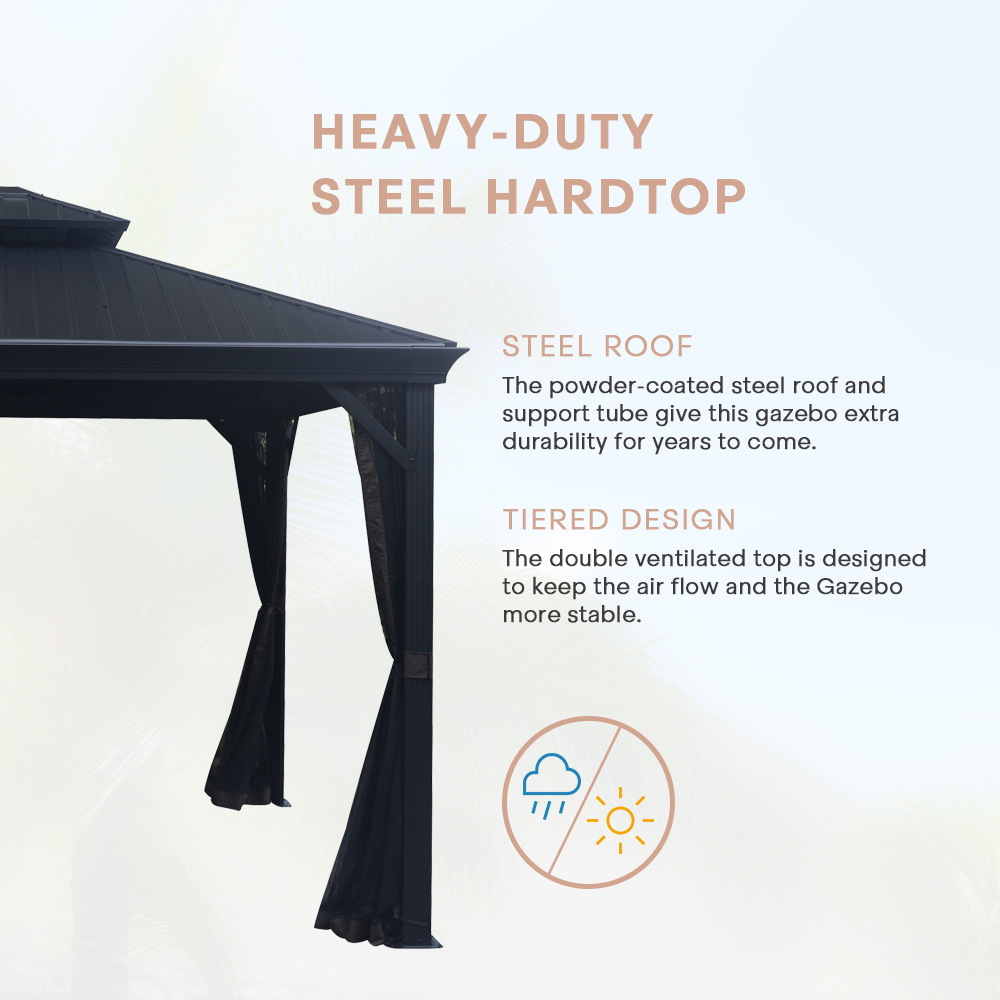FineFind 10ft x 12ft Hardtop Gazebo with Netting for Patios, Lawn, Backyard and Deck(BLACK)