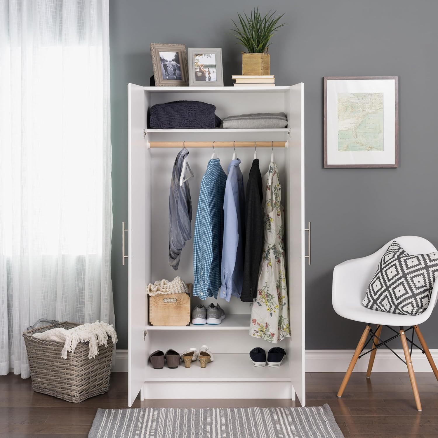 Prepac Elite Armoire Wardrobe Closet - Cabinet for Functional Clothes Storage with Hanging Rail White