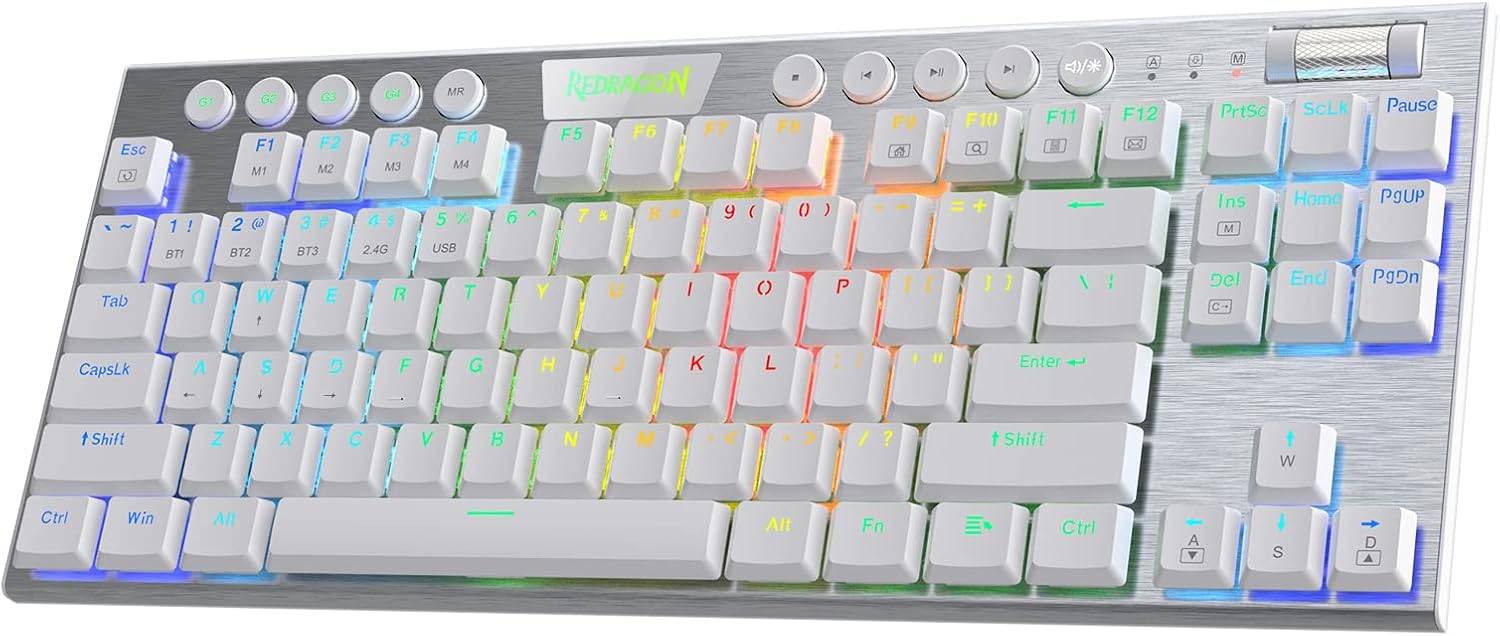 Redragon K618 Horus Wireless RGB Mechanical Keyboard, Bluetooth/2.4Ghz/Wired Tri-Mode Ultra-Thin Low Profile Gaming Keyboard w/No-Lag Cordless Connection, Dedicated Media Control & Linear Red Switch