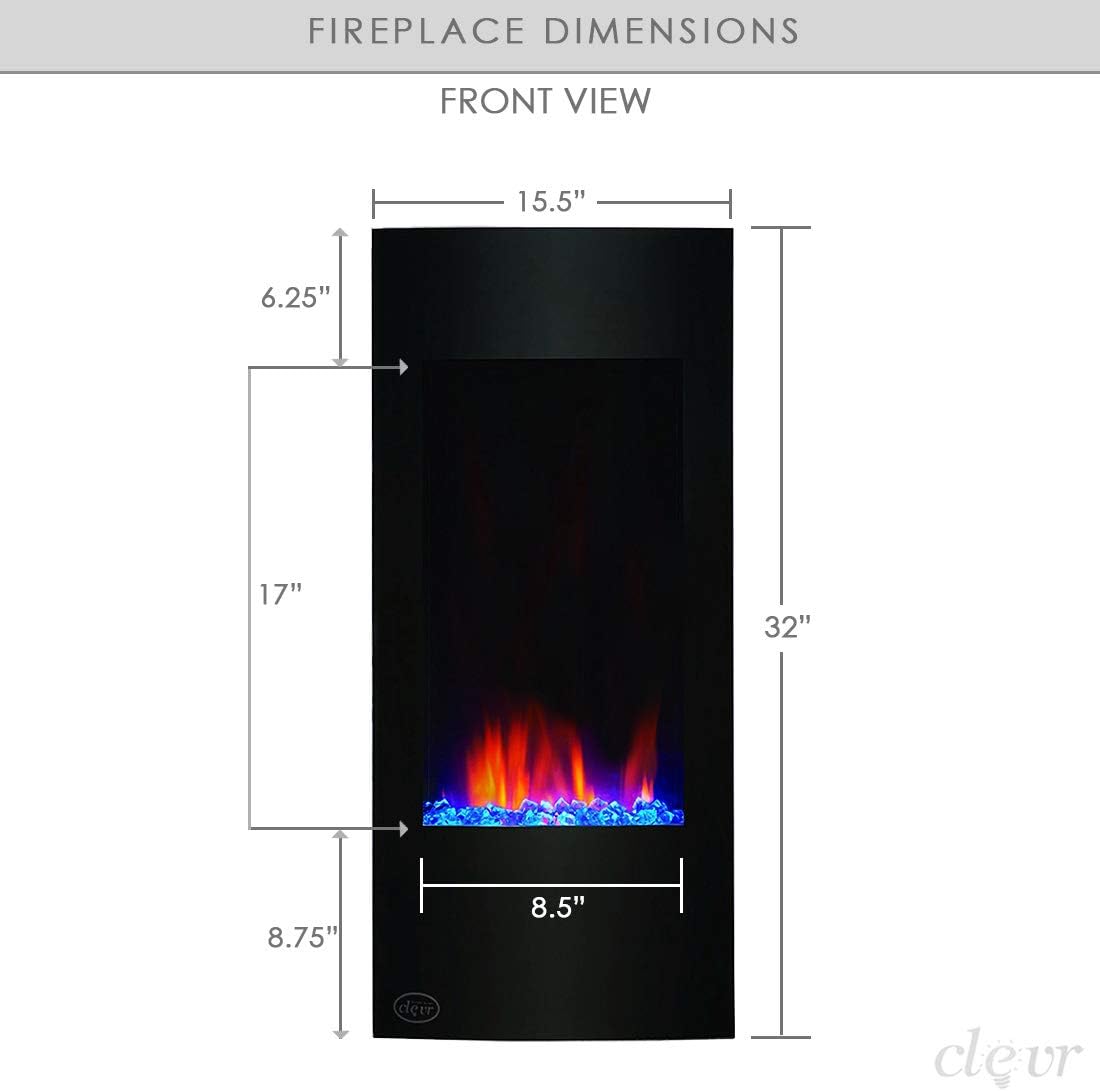 Clevr 32" Vertical Wall Mounted Electric Fireplace Heater, with Adjustable Flame and Back Light Colors, Modern Black Electric Heater with Decorative Crystals, with Remote Control, 750-1500W