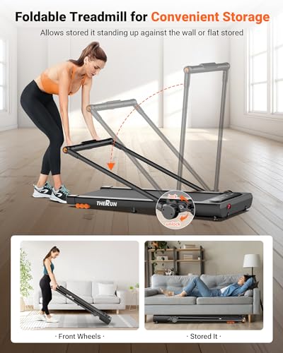 THERUN 2.5HP Treadmill, 2 in 1 Under Desk Walking Pad Treadmill, Electric Compact Space Folding Treadmill for Home Office with LED Touch Screen 0.6-7.6MPH Wider Running Belt, No Assembly Needed