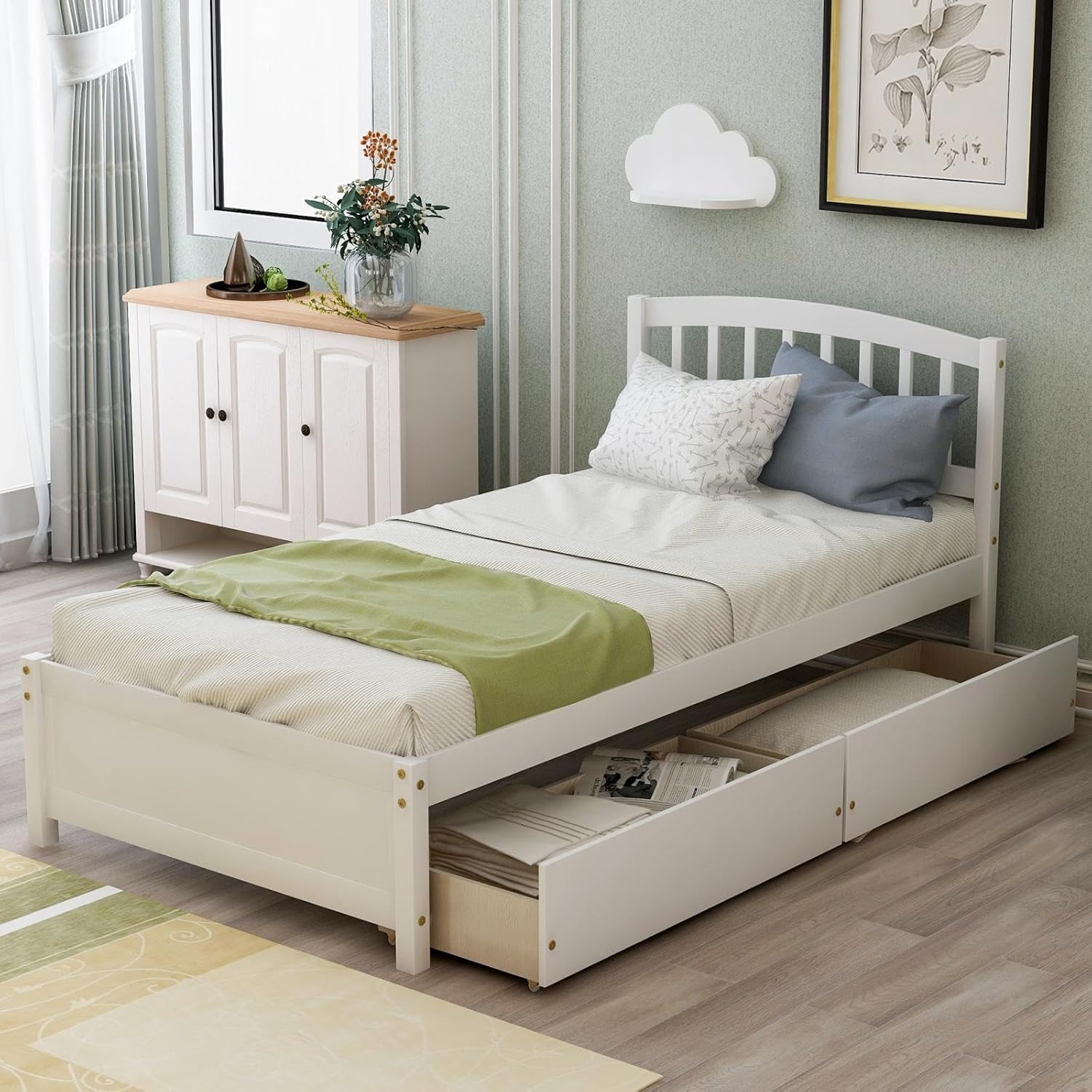 Bed frame with storage drawers, platform double bed frame with two drawers and headboard, large bed frame, no box spring required, white 79.5x41.8x37.4 inches