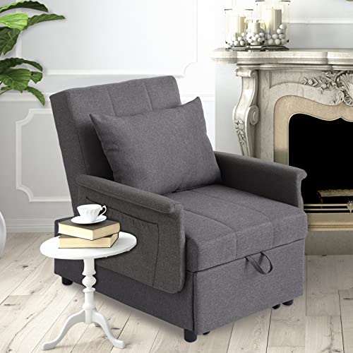 Sleeper Chair, 3 in 1 Chair Bed Sleeper for Adults, Pull Out Sleeper Sofa Convertible Single Lounge Chair with Pillow, Side Pockets for Living Room Small Space (Black)