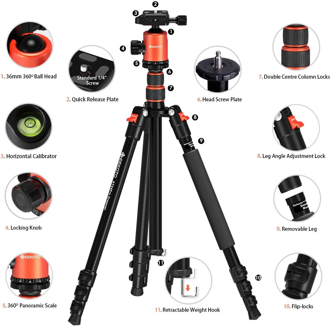 GEEKOTO 77'' Tripod, Camera Tripod for DSLR, Compact Aluminum Tripod with 360 Degree Ball Head and 8kgs Load for Travel and Work