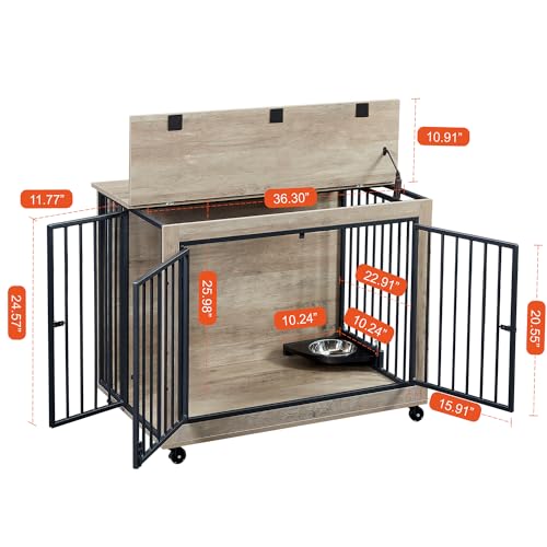Large Dog Kennel Furniture -Adjustable Raised Feeder for Dogs with 1 Stainless Steel Bowls -End Table Dog House Spacious and Stylish Crate for Your Beloved Companion (43Inch Grey)