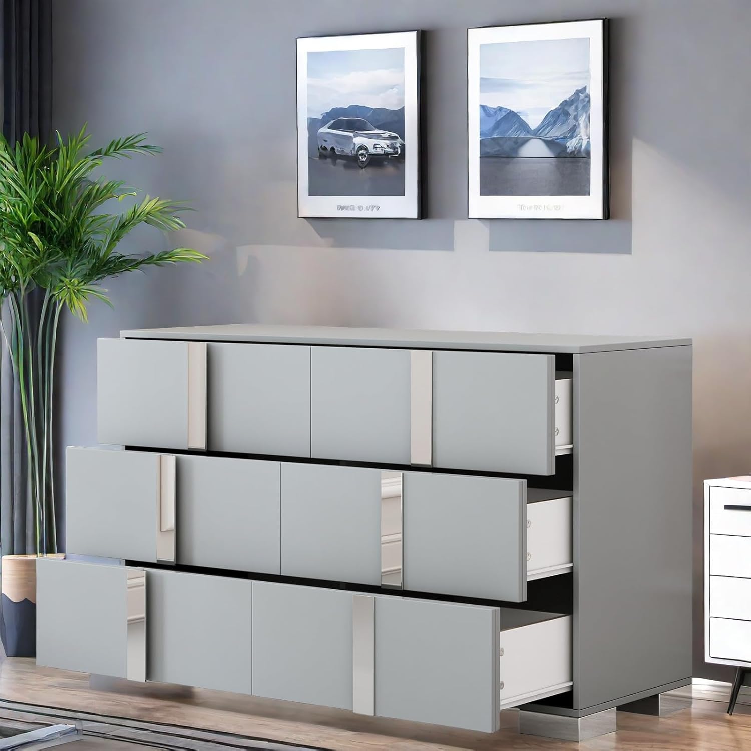 Simple and Elegant Modern, Mirrored Design Metal Handle and 6 Drawers Dresser, Grey