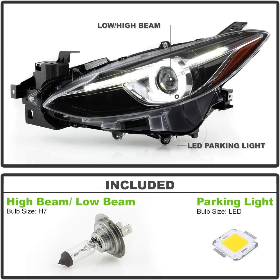 ACANII - For [Halogen Model Only] 2014 2015 2016 Mazda 3 LED Tube Upgrade Projector Headlights Headlamps Assembly Pair