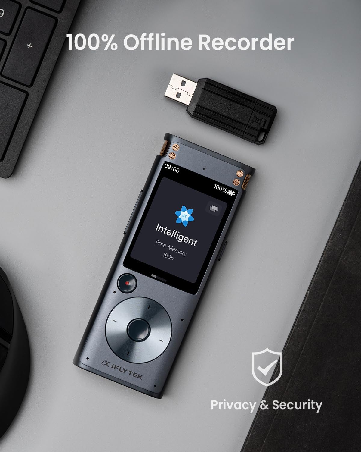 AI Voice Recorder, 100% Offline Voice Recorder with Playback, Transcribe & Summarize Function, 2-inch Touch Screen Audio Recorder Zoom Recorder Device for Lectures, Conference, Interview