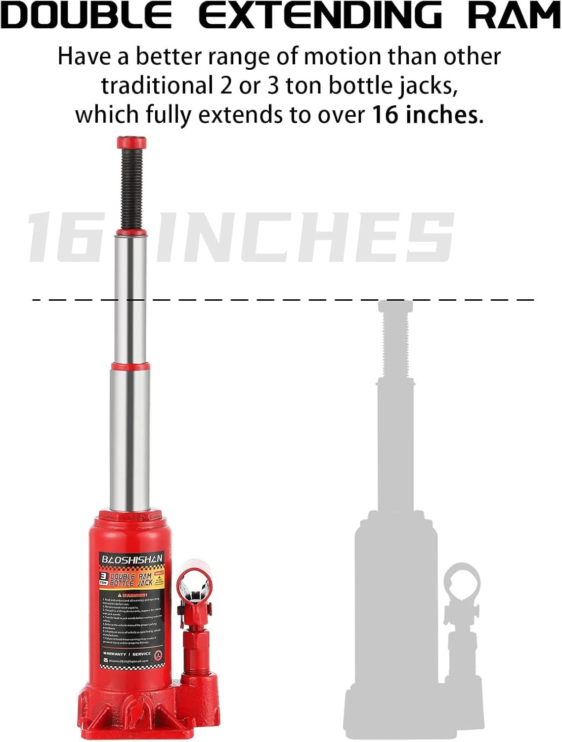 BAOSHISHAN 3 Ton Double Ram Bottle Jack 6-1/2 to 16-1/2 Lifting Range Portable Hydraulic Jack with Carrying Case