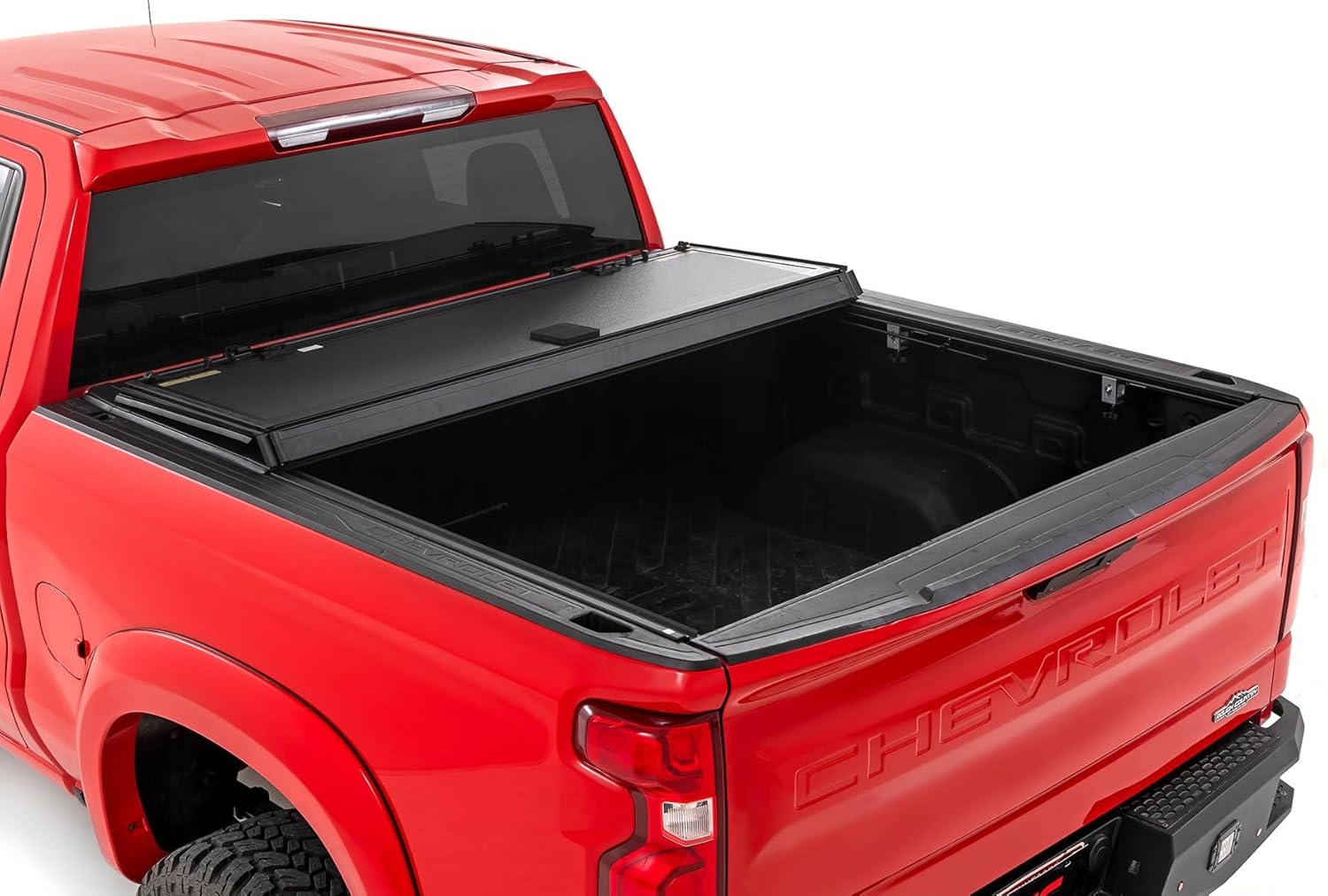 Rough Country Hard Tri Fold Truck Bed Cover, Truck Tonneau Covers for Chevy Silverado 1500/GMC Sierra 1500 (2019-2024) - 5'10 (69.3-69.9") Truck Bed Cover, Tonneau Cover Fits Multipro & Flex Tailgates