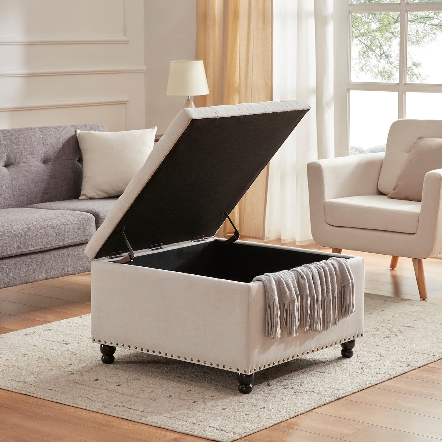 Large Square Tufted Upholstered Ottoman Bench and Coffee Table with Storage, Oversized Footrest for Living Room, Beige