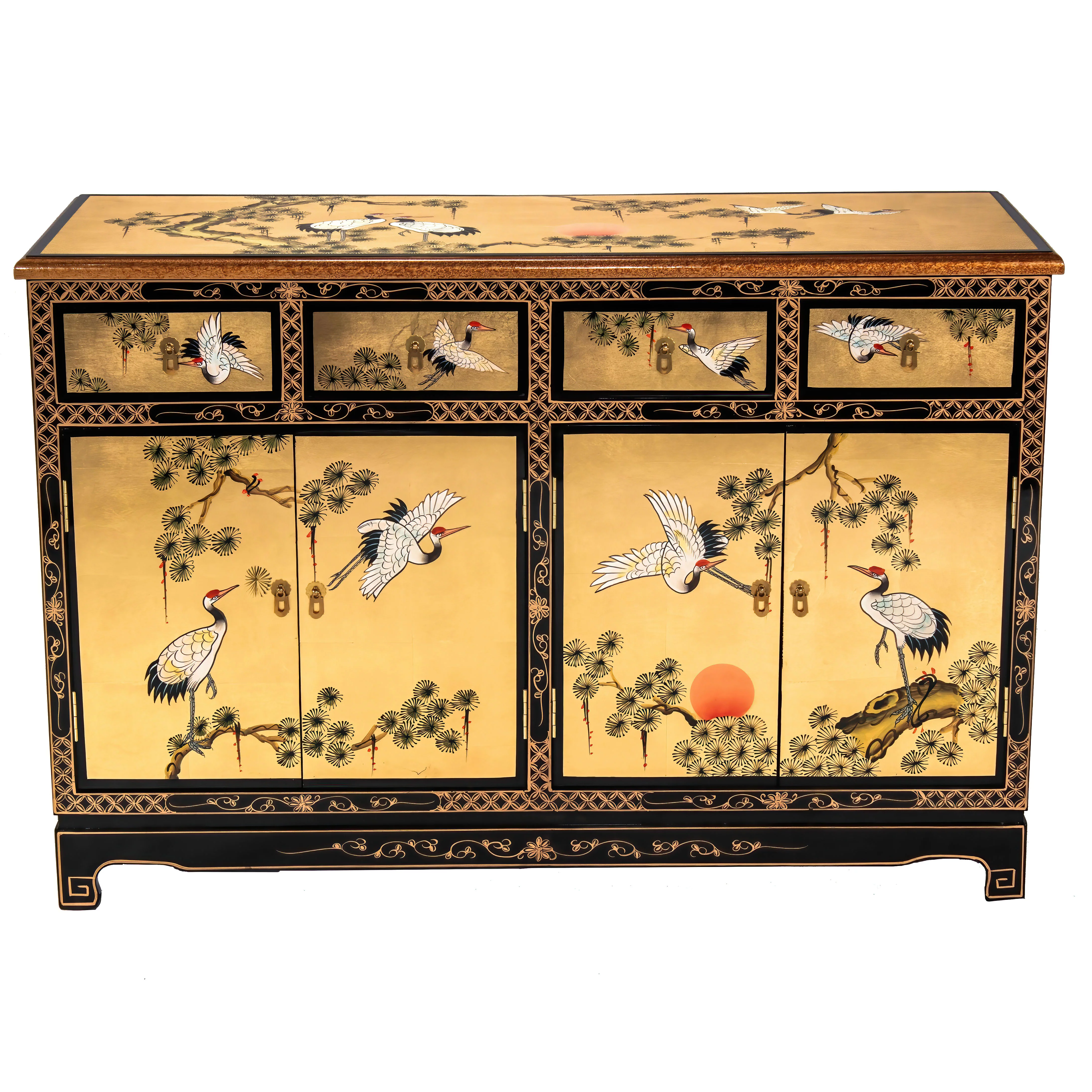 Oriental Furniture Gold Lacquer Sideboard - Cranes
