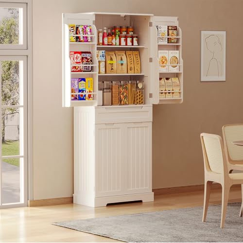 Gizoon 71" Tall Kitchen Pantry Storage Cabinet with Doors and Shelves Large Freestanding Pantry Storage Cabinet with Drawer Wooden Sideboard Buffet Cabinet for Bathroom Craft Room, White