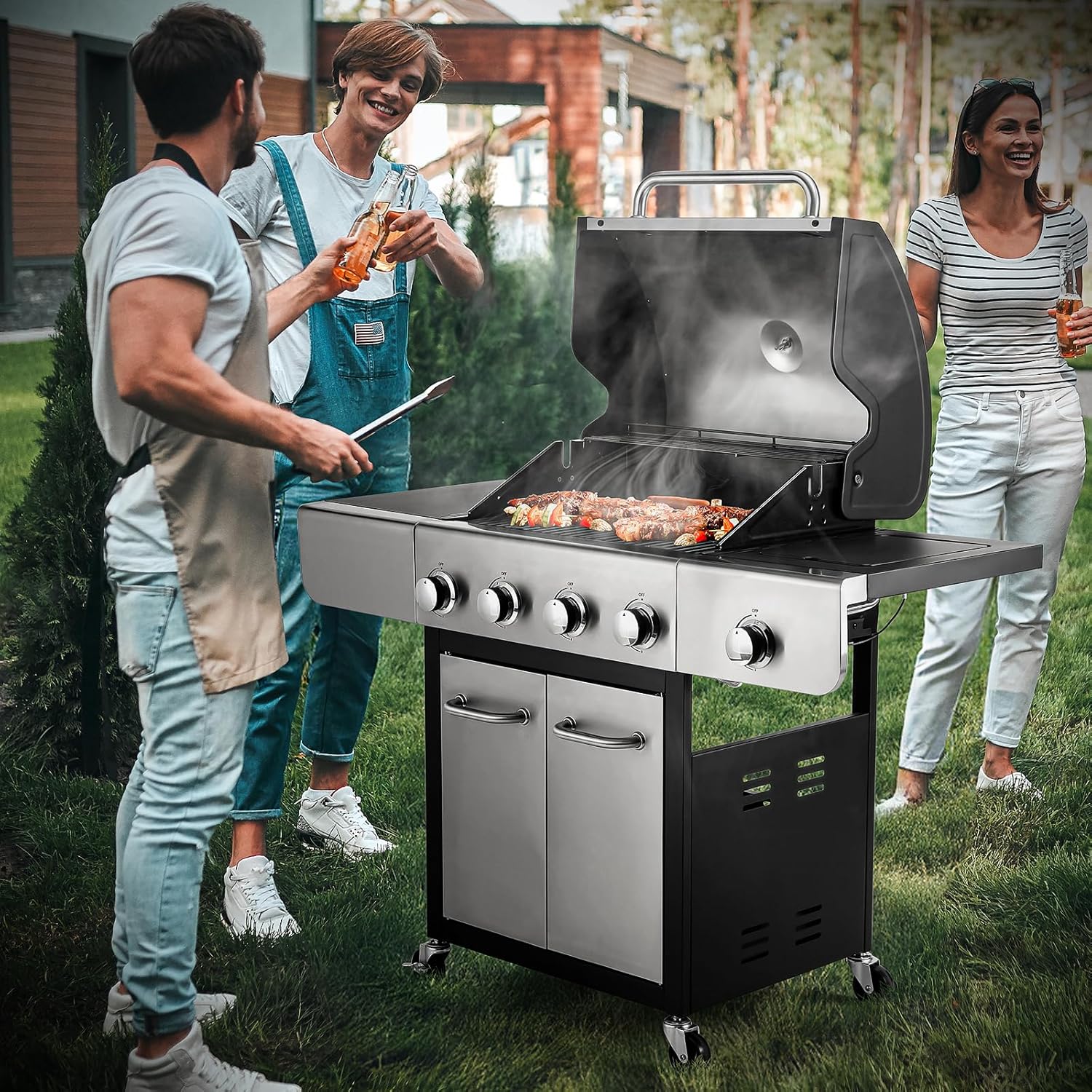 MAMIZO 4-Burner Outdoor Propane Gas Grill, 40000 BTU Output Stainless Steel BBQ Grill with 12000 BTU Side Burner,Thermometer and Caster for Outdoor Cooking Kitchen, Patio Backyard Barbecue and Camping