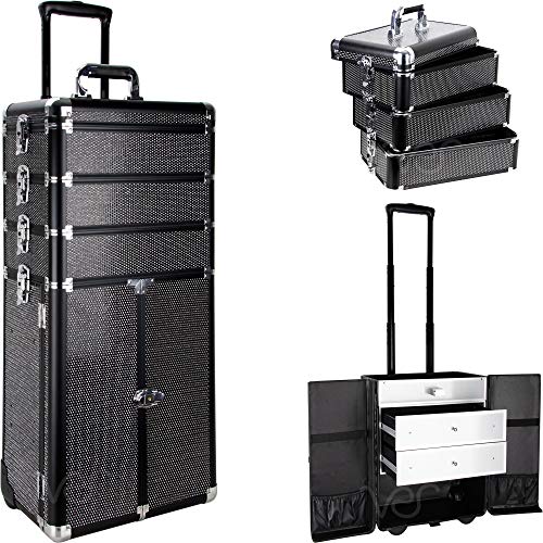 Sunrise 5-in-1 Pro Rolling Aluminum Cosmetic Makeup Artist Train Case Organizer Trays Drawers Extra Lid, Black Krystal