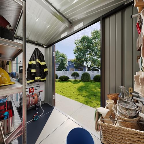8'x4' Shed Galvanized Steel Storage Sheds with Triple Doors Weatherproof Outdoor Utility Sheds, Dual Lock Lean to Shed with Sloped Roof for Mower, Bike, Generator, Garden Tools (Black)