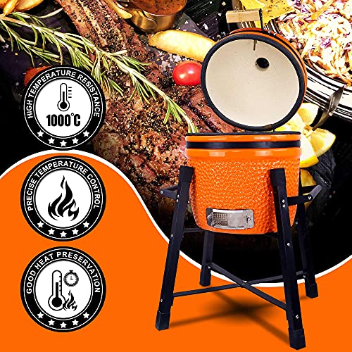 Ceramic Kamado Charcoal BBQ Grill and Smoker, Stainless Steel Grates -15" Ceramic with Tall Stand (BLACK)