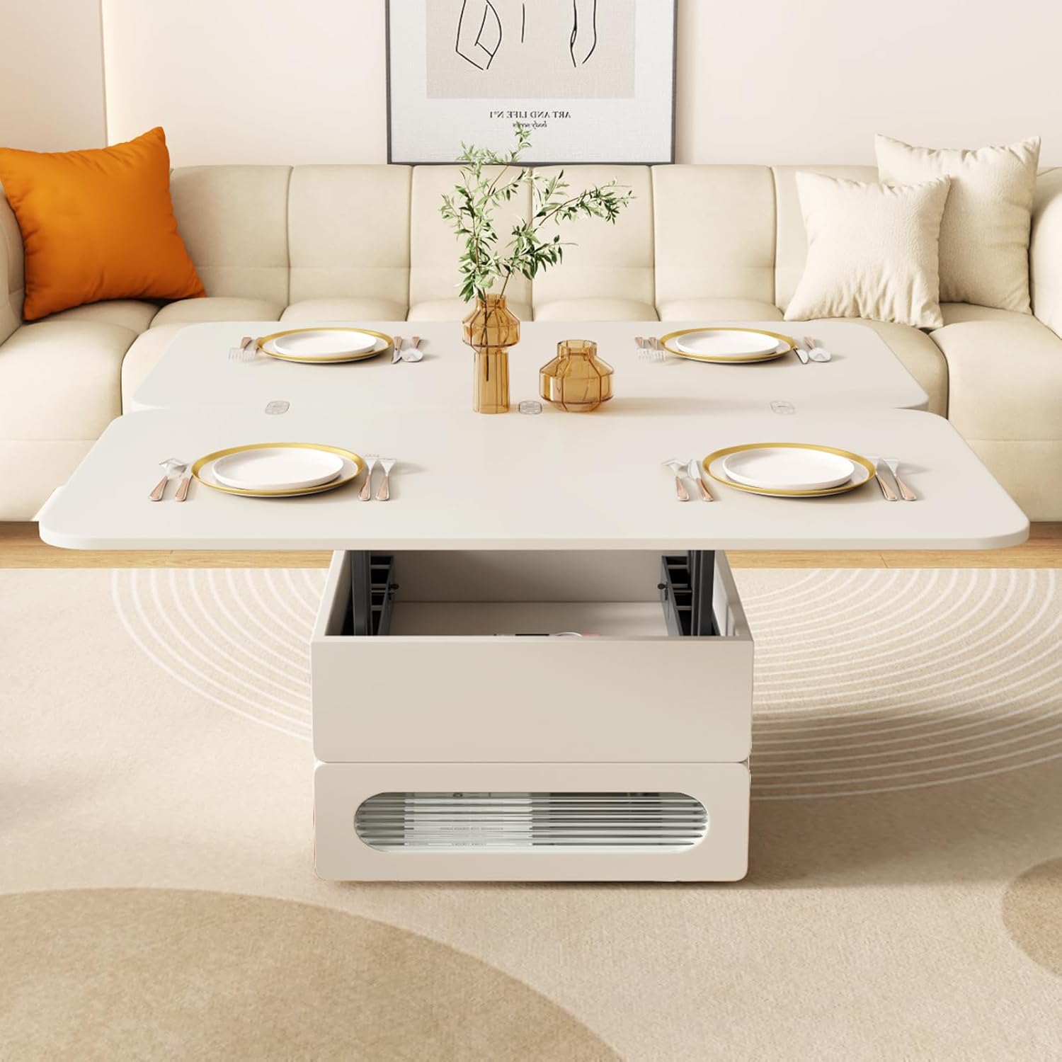 White Lift Top Coffee Table with 4 Stools, Lift Top Coffee Table converts to Dining Table, Two Separate Lift Board, Coffee Table with Storage Drawers for Dining,Studying,Working,Playing