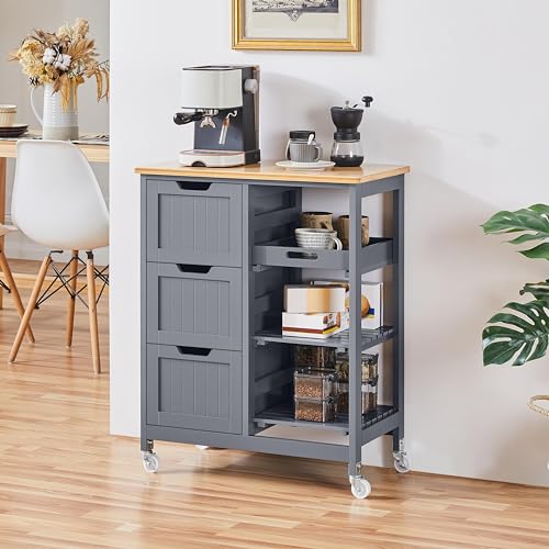 Yaheetech Kitchen Island Cart on Wheels with Bamboo Countertop, Rolling Serving Utility Trolley Cart with 3 Drawers, 3 Removable Shelves & Lockable Casters, Storage Cabinet for Dining Room, Bar, White