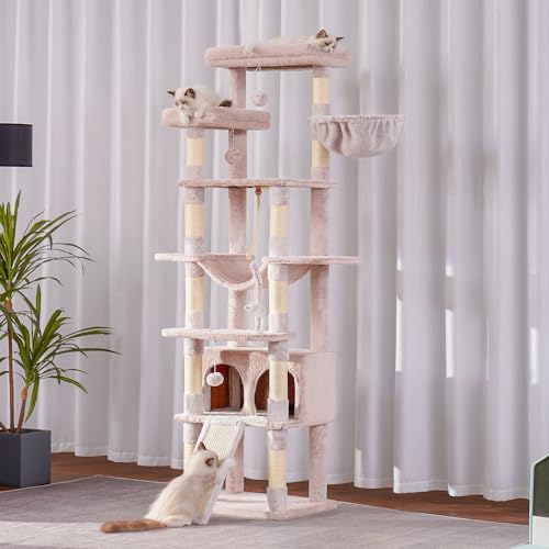 Heybly Gothic Cat Tree,78 inch Multi-Level Tall Cat Tower for Indoor Cats,2 Widened Plush Perches Cat Condo with Scracthing Board and Big Caves,Black and Red HCT033BR
