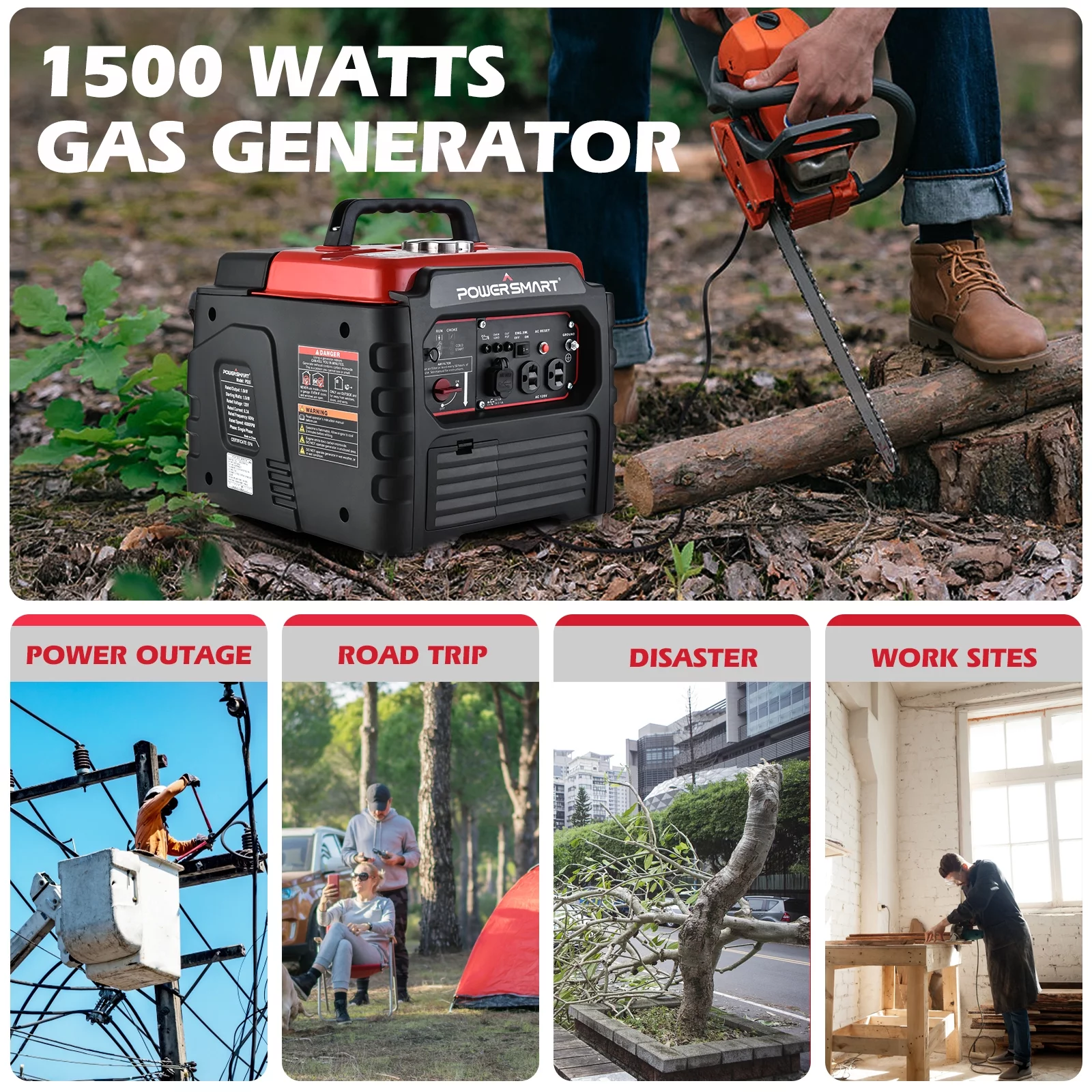 PowerSmart 1500 Watt Portable Gas Power Inverter Generator for Outdoor Camping/Home Use,Low Noise