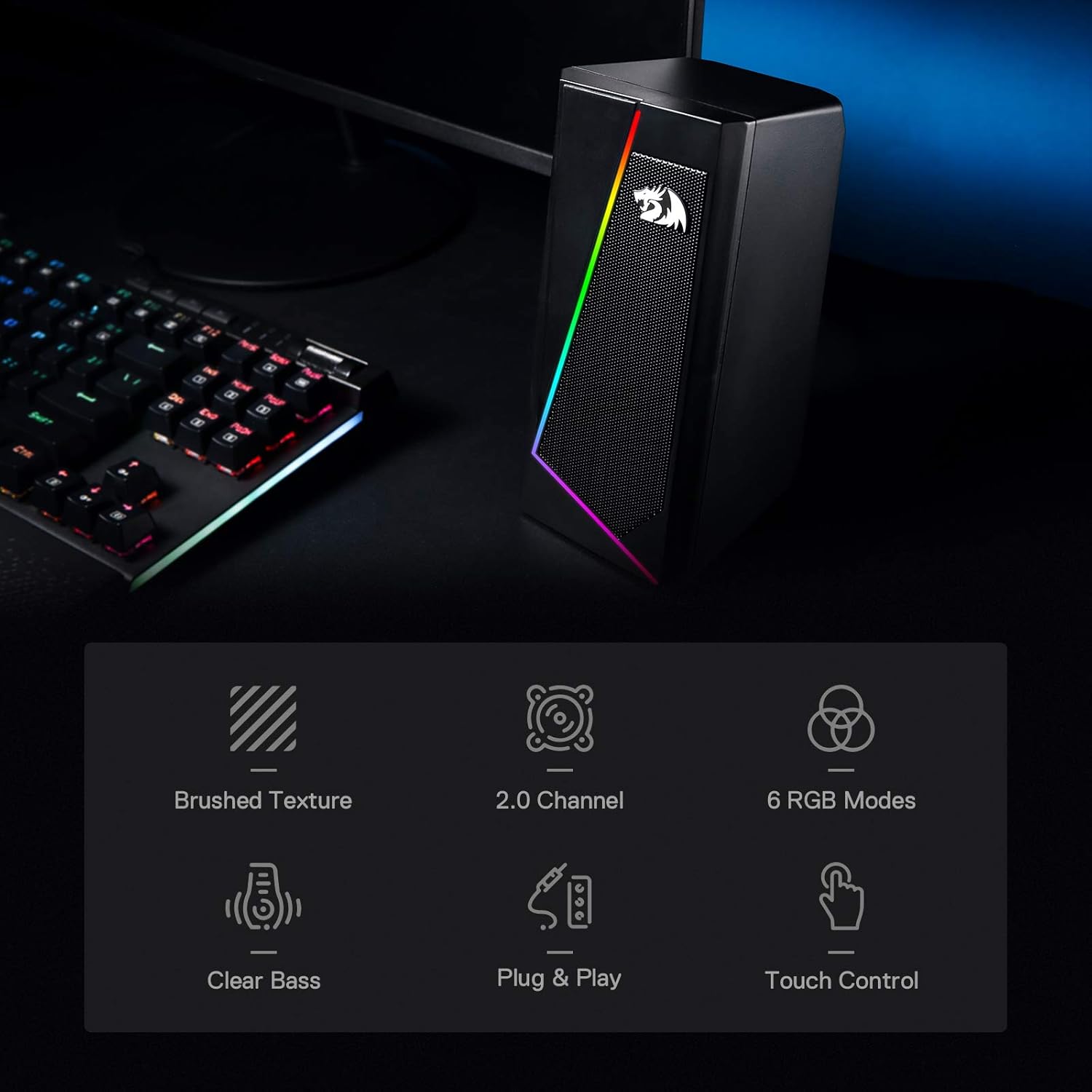 Redragon GS520 Anvil RGB Desktop Speakers, 2.0 Channel PC Computer Stereo Speaker with 6 Colorful LED Modes, Enhanced Sound and Easy-Access Volume Control, USB Powered w/ 3.5mm Cable Pack of 2