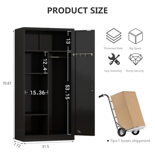 71" Armoire Wardrobe Closet with 2 Doors & 2 Drawers, Metal Storage Cabinet with Drawers and Hanging Rod, Metal Closet Organizers for Home, Office,Gym(White)