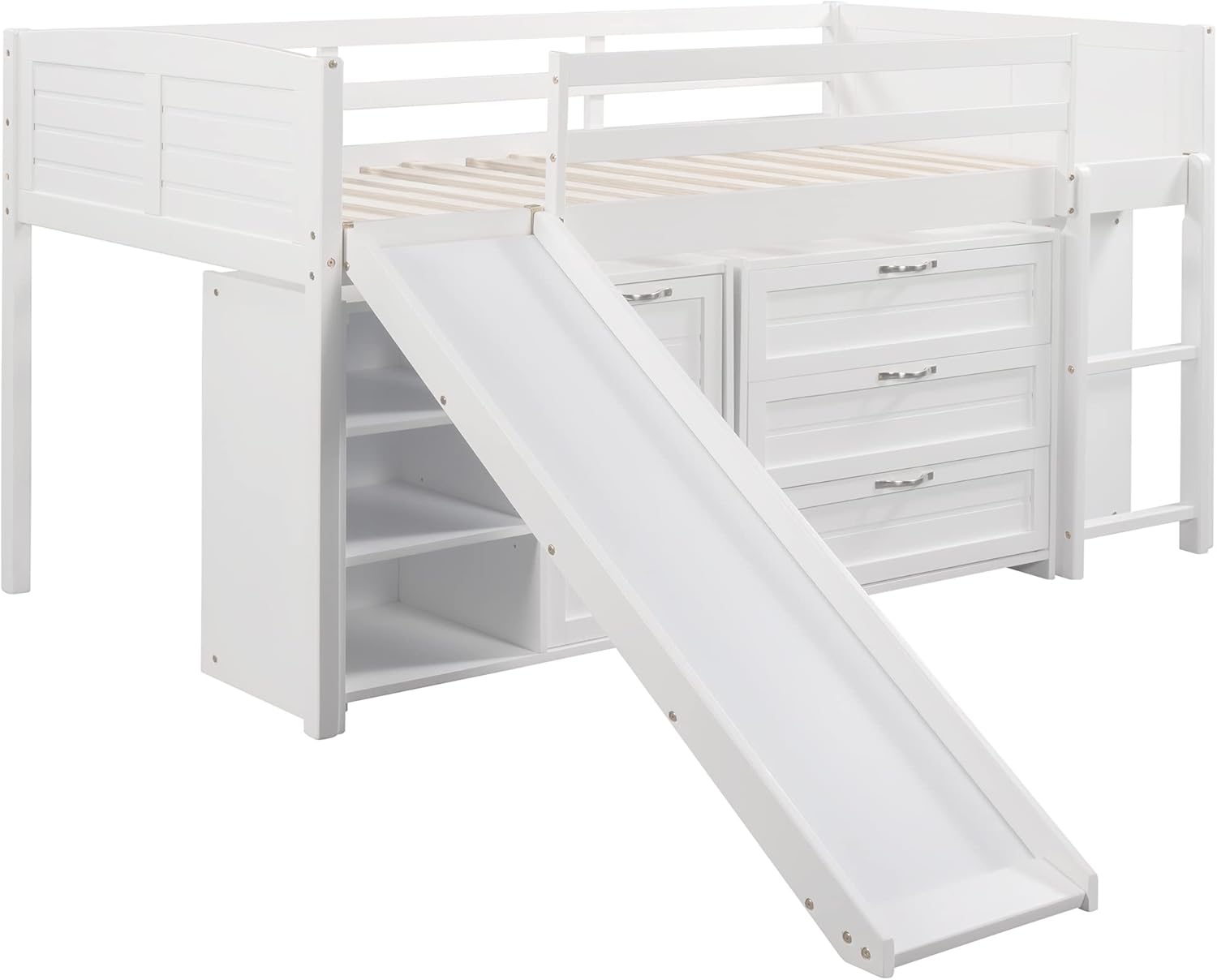 Twin Low Loft Bed with Slide, Storage Cabinets Drawers and Shelves, Wooden Space-Saving Loftbed Frame, for Kids Teens Bedroom, White