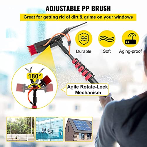 Water Fed Pole, Outdoor Window Cleaner Window Cleaning Tool (Glass, Solar Panel, Etc.) Professional 3-in-1 Kit: Scrubber Brush W/Spray Washer Window Squeegee,7.2M/23.6Ft
