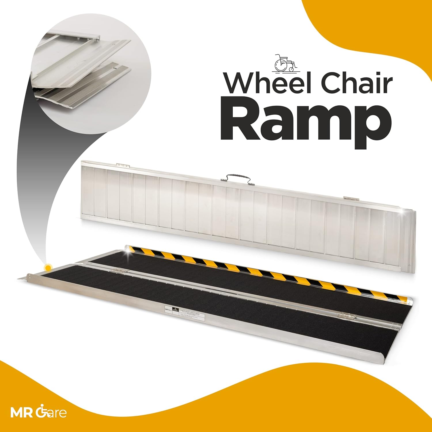 MR CARE Portable Wheelchair Ramp | Lightweight Foldable Ramps for Wheelchairs with Handle | Featuring Unique Yellow Reflective Caution Stickers | Perfect Wheel Chair Ramp for Home Steps (2FT)