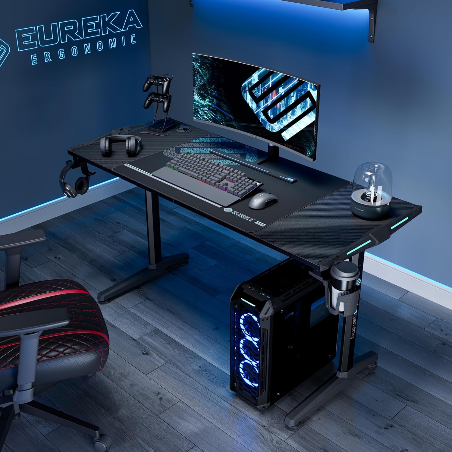 EUREKA ERGONOMIC RGB Gaming Desks, 55 Inch Computer Desk PC Studio Gamer Table Home Office Workstation, w Free Mouse Pad,USB Ports Controller Stand Cup Headset Holder Black for Game