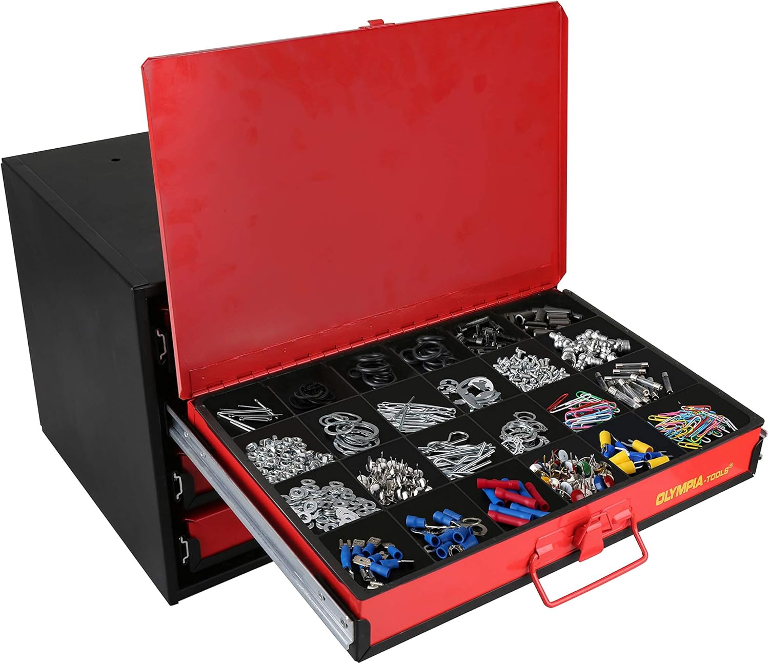Olympia Tools 90-806 4-Drawer Hardware Organizer includes 2500-pieces Small Hardware, black/red