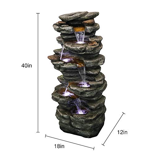 6-Tier Rockery Outdoor Fountain - 40” H Outdoor Waterfall Fountain with LED Lights for Home&Office Decor, Stacked Rock Cascading Relaxation Garden Fountains Outdoor for Patio, Yard, Deck