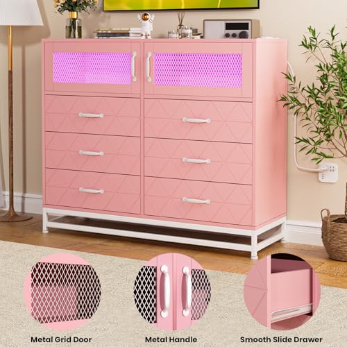 6 Drawer Dresser for Bedroom with LED Lights and Charging Station, Wooden Double Dresser with 2 Shelves & Mental Grid Handle, Modern Chest of Drawers for Bedroom, Entryway, Hallway, Pink