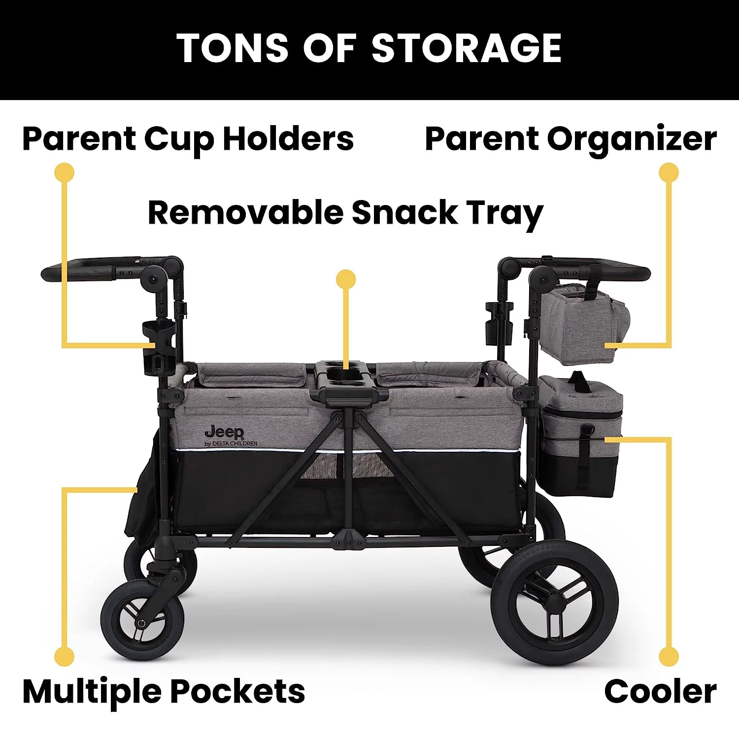Jeep Wrangler Deluxe 4 Seater Stroller Wagon by Delta Children - Premium Quad Stroller Wagon for 4 Kids with Convertible Seats, Adjustable Push/Pull Handles, Removable Canopy & Flat Fold, Grey