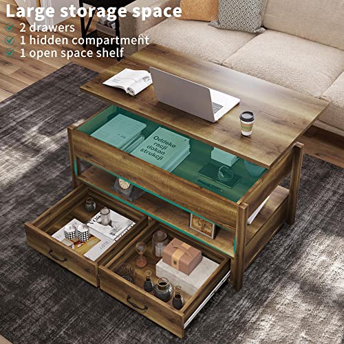 YITAHOME Lift Top Coffee Table with Storage Shelf,Drawers and Hidden Compartment,Retro Center Table with Wooden Lift Tabletop,Lift Tabletop Dining Table for Living Room Office Reception,Rustic Brown