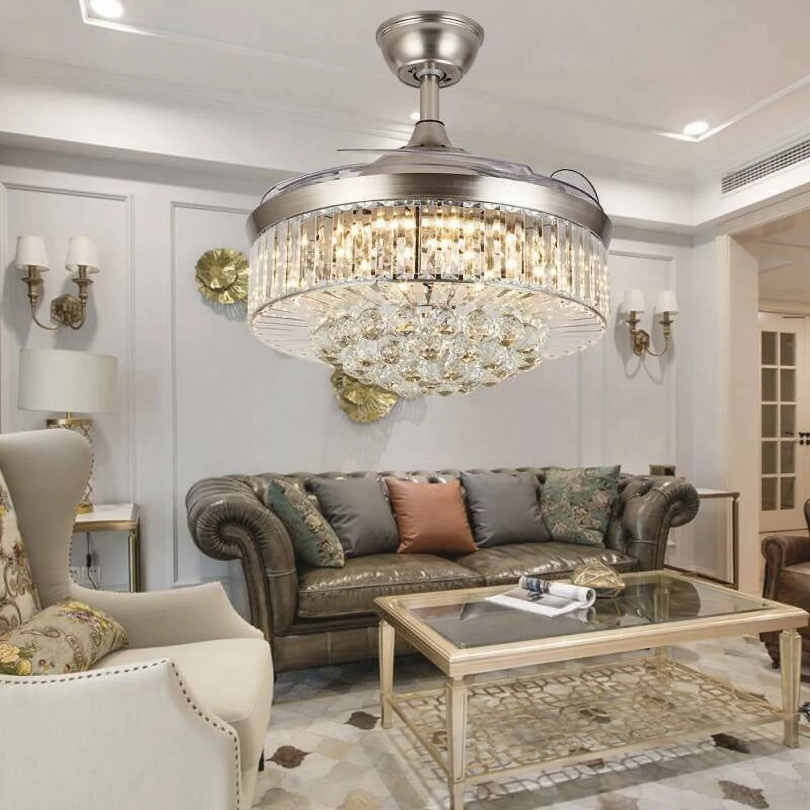 Urbanest 42"Invisible Ceiling Fan Chandelier with Light,Modern Crystal Ceiling Fan Light Remote Control Retractable ABS Blades