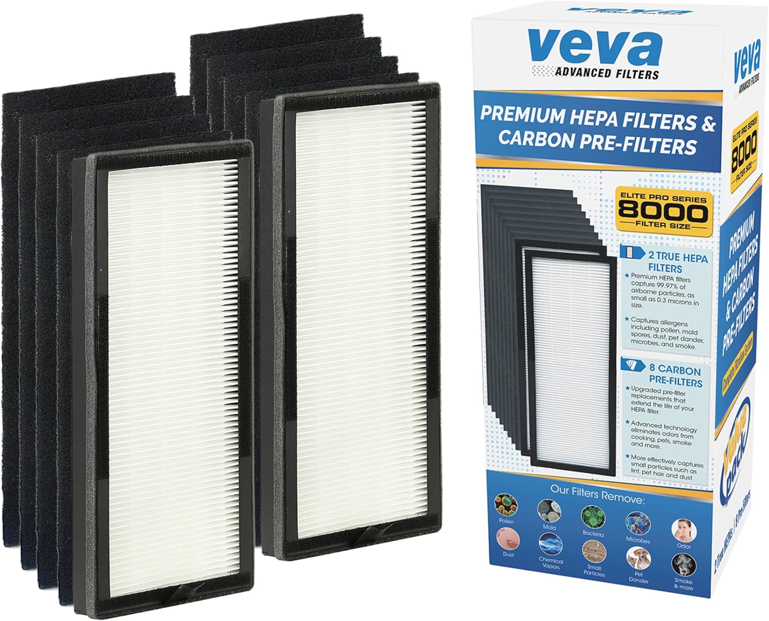 VEVA 8000 Elite Pro Series Black Air Purifier for Home & Large Room, 325 Sq Ft., HEPA Filter & 4 Premium Activated Carbon Pre Filters Removes Allergens, Smoke, Dust, Pet Dander & Odor Complete Tower Air Cleaner Home & Office