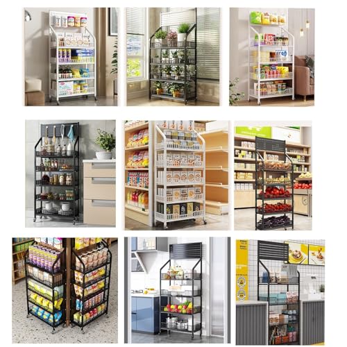 Supermarket Display Shelf 4 Layer Snack Shelf Organizer, Rolling Fruit Vegetable Display Rack for Supermarket with Wheels and Hooks, for Kitchen Retail Grocery Stores and Farmers Markets, White Black