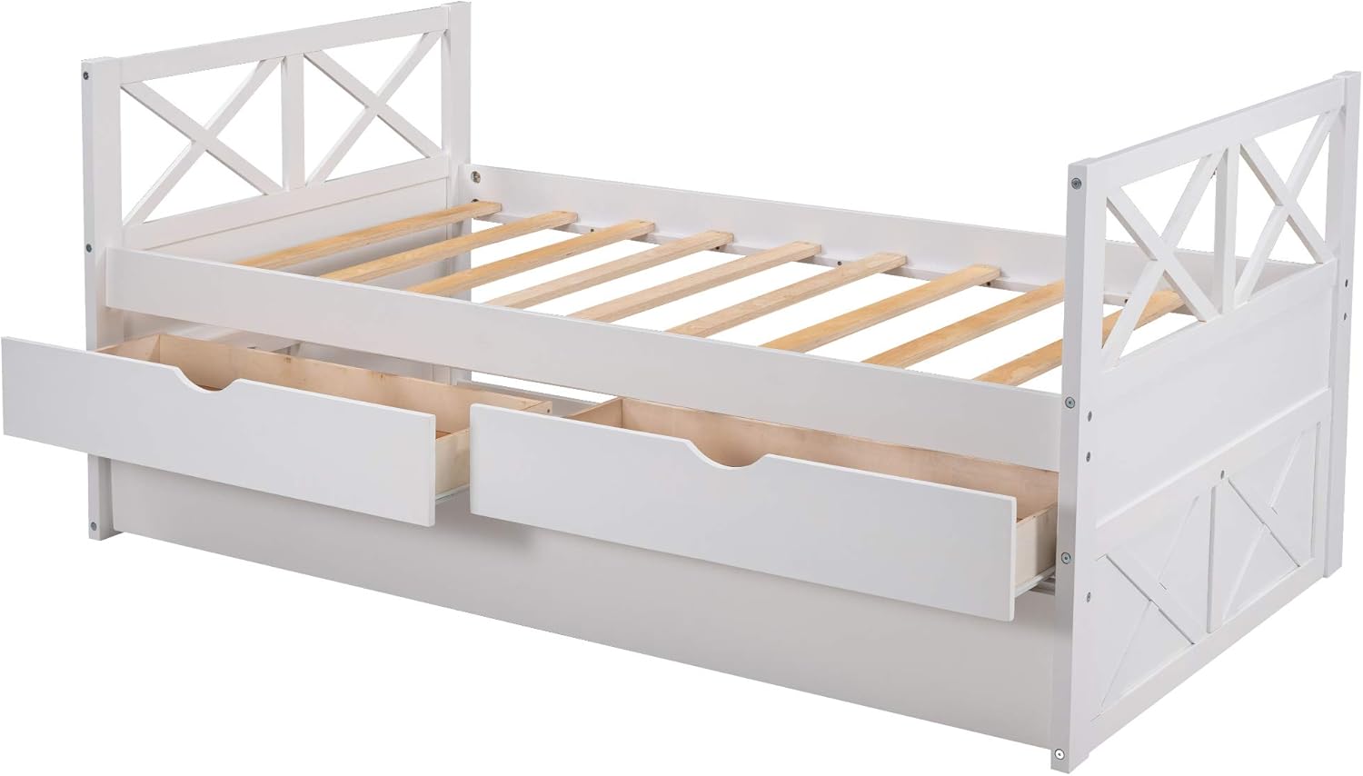 Twin Captain's Bed, Twin Daybed with Trundle and 2 Storage Drawers, Wood Twin Platform Bed Frame with Headboard and Footboard for Kids Teens Adults, No Box Spring Need, Easy Assembly, White