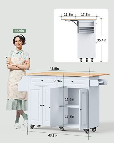 Kitchen Island with Drop Leaf and Storage, on Wheels Two Drawers, Large Storage Cabinet, Towel Rack Spice Cart Brown