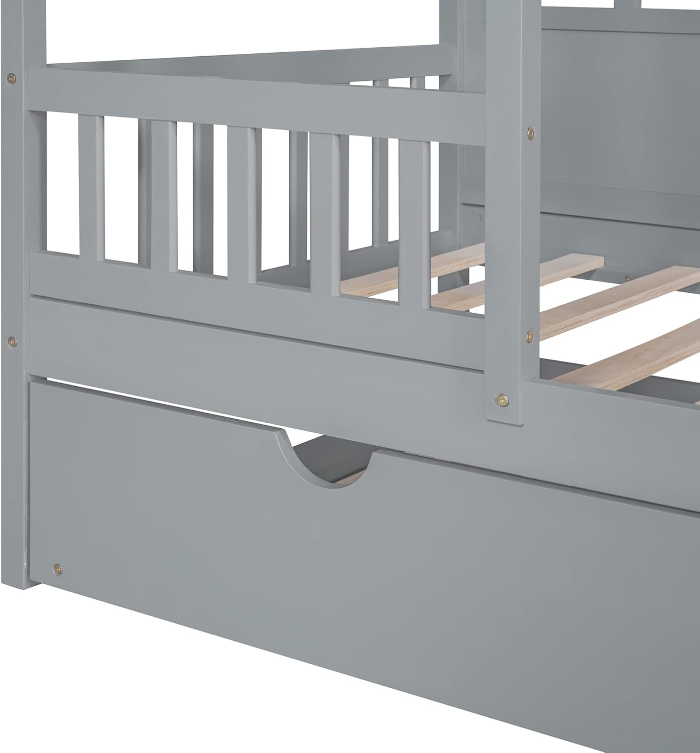 Twin Size House Bed with Twin Trundle, Wooden House-Shaped Daybed with 2 Windows and Safety Full-Length Guardrails for Kids Boys Girls Bedroom, A Beautiful Piece for Bedroom, Gray