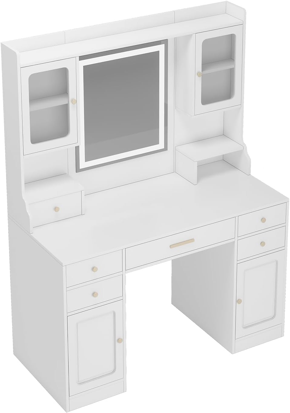 Vanity Desk with LED Lighted Mirror, Makeup Vanity with 11Drawers, 3 Color Lighting Modes Brightness Adjustable, Hidden Wiring, Dressing Table for Bedroom, White (White+MDF+American Design)