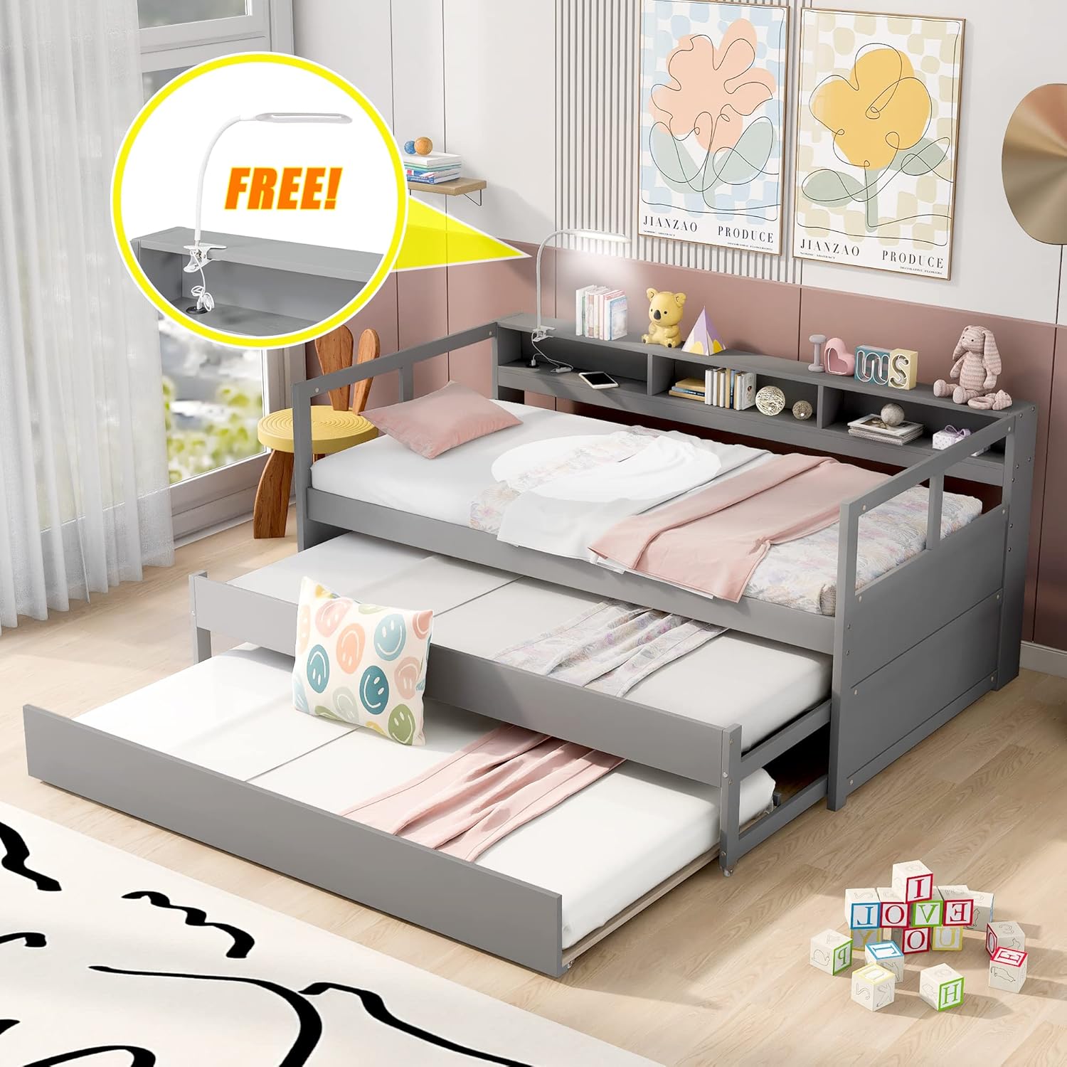 Bellemave Twin XL Daybed with 2 Trundle Beds Wood Platform Bed with Storage Headboard, Twin XL Day Bed Frame with USB Charging and Light for Bedroom and Living Room, Gray