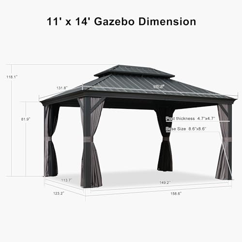PURPLE LEAF 10' X 14' Permanent Hardtop Gazebo Aluminum Gazebo with Galvanized Steel Double Roof for Patio Lawn and Garden, Curtains and Netting Included, Grey
