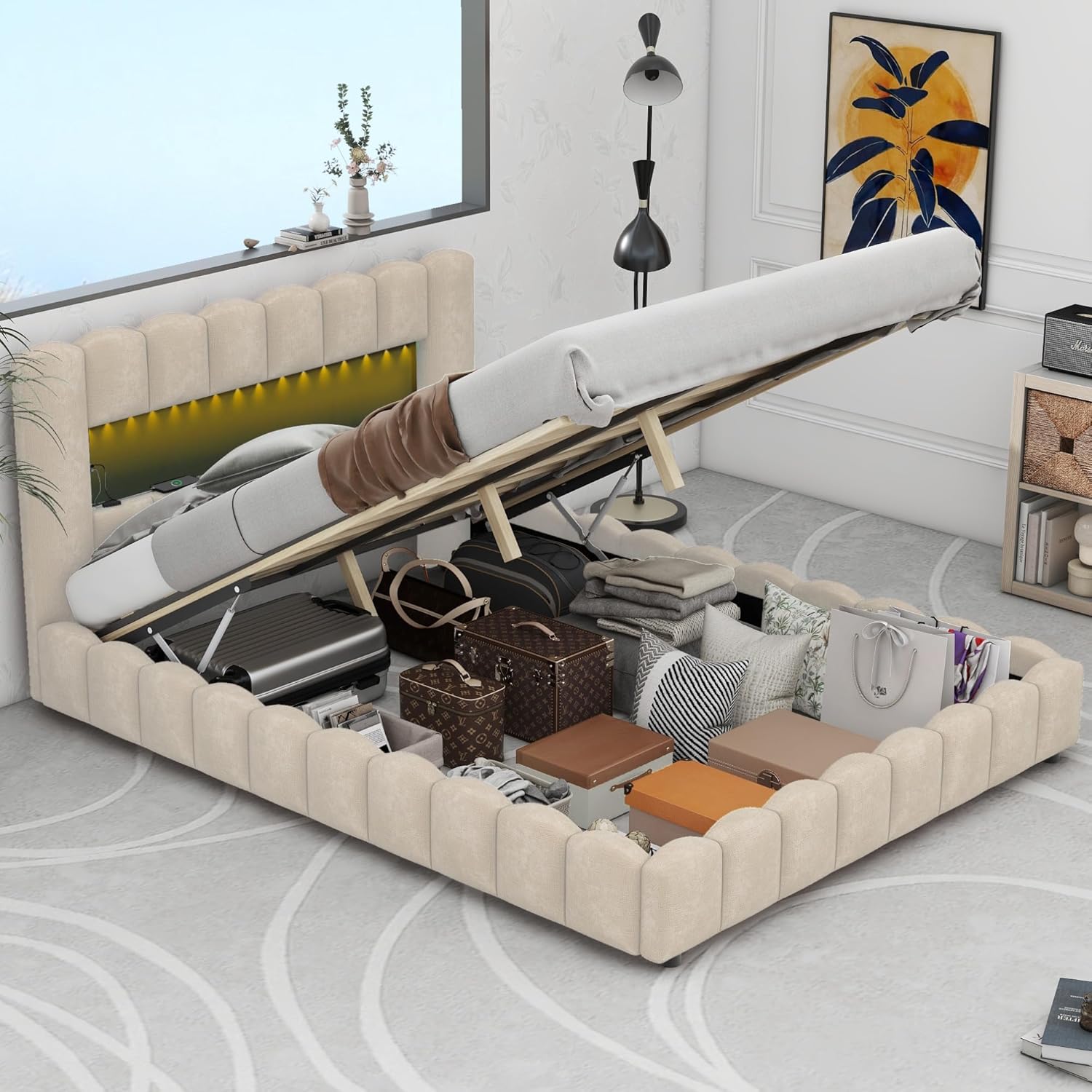 Harper & Bright Designs Grounded Upholstered Queen Bed with Lift Up Storage,Queen LED Bed Frame with USB Charging, Lift-Up Storage Bed Queen for Teens Adults,Linen Fabric,No Box Spring Needed,Beige