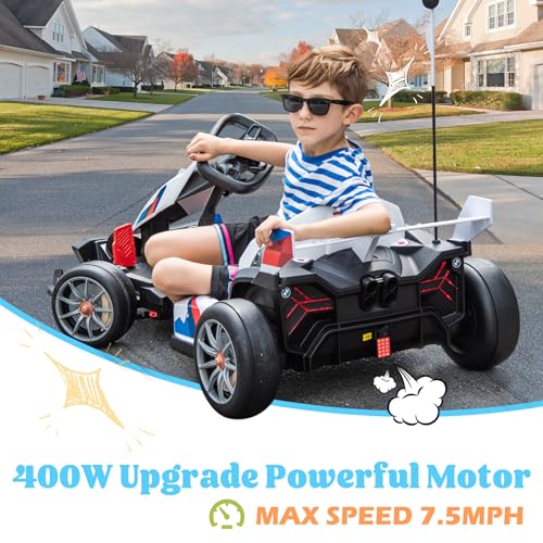 36V Electric Go Kart for Kids, Licensed BMW Battery Powered Drift Racing Go Kart, 7.5 MPH Drift Kart with Dual 300W Powerful Motor, Kids Race Pedal Go Karting Car w/Adjustable Speed, White